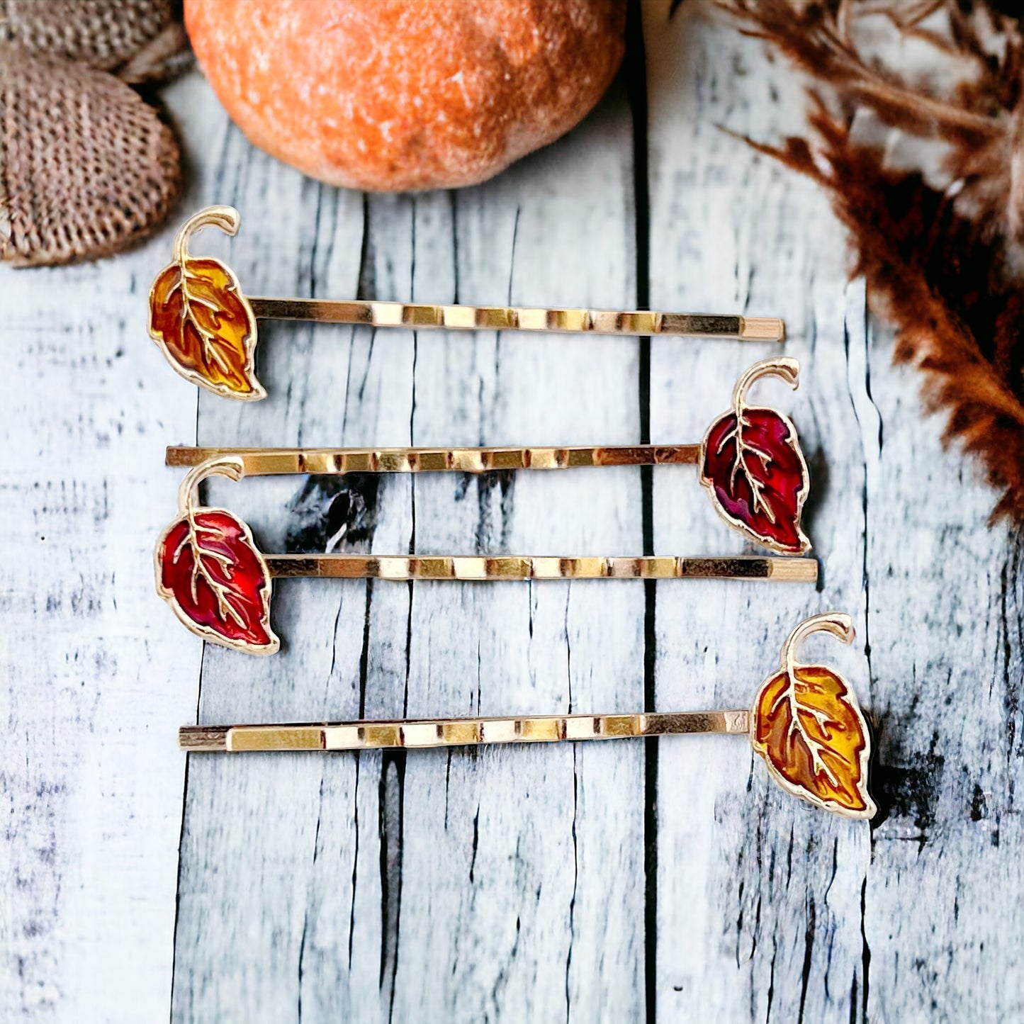 Red & Orange Enamel Leaf Hair Pins - Colorful & Stylish Accessories
