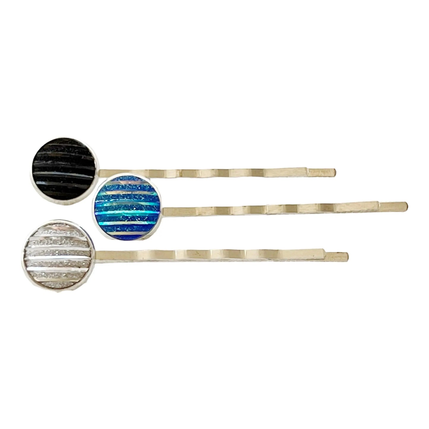 Blue, Black, & Silver Metallic Striped Hair Pins - Set of 3 Stylish Silver Hair Accessories