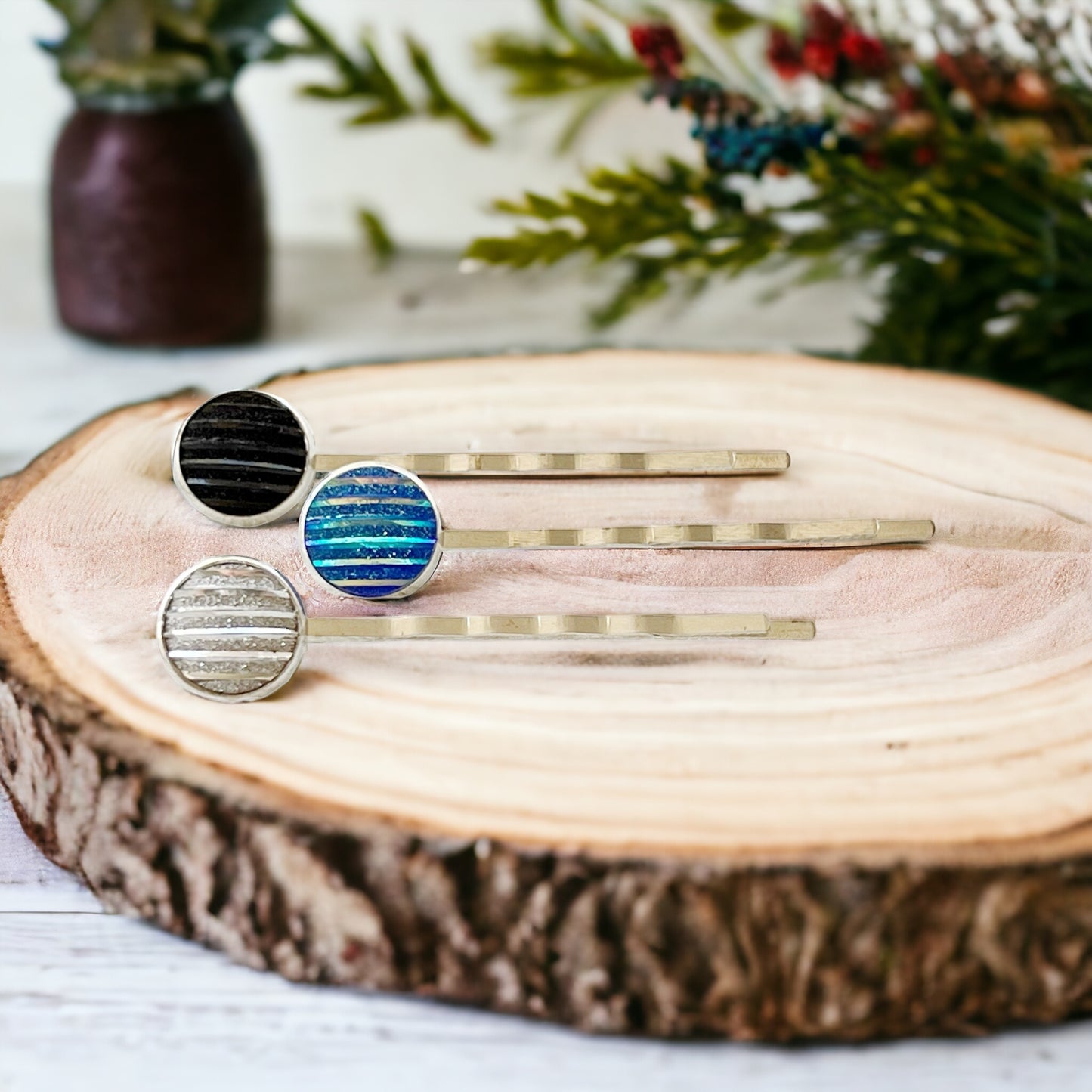 Blue, Black, & Silver Metallic Striped Hair Pins - Set of 3 Stylish Silver Hair Accessories