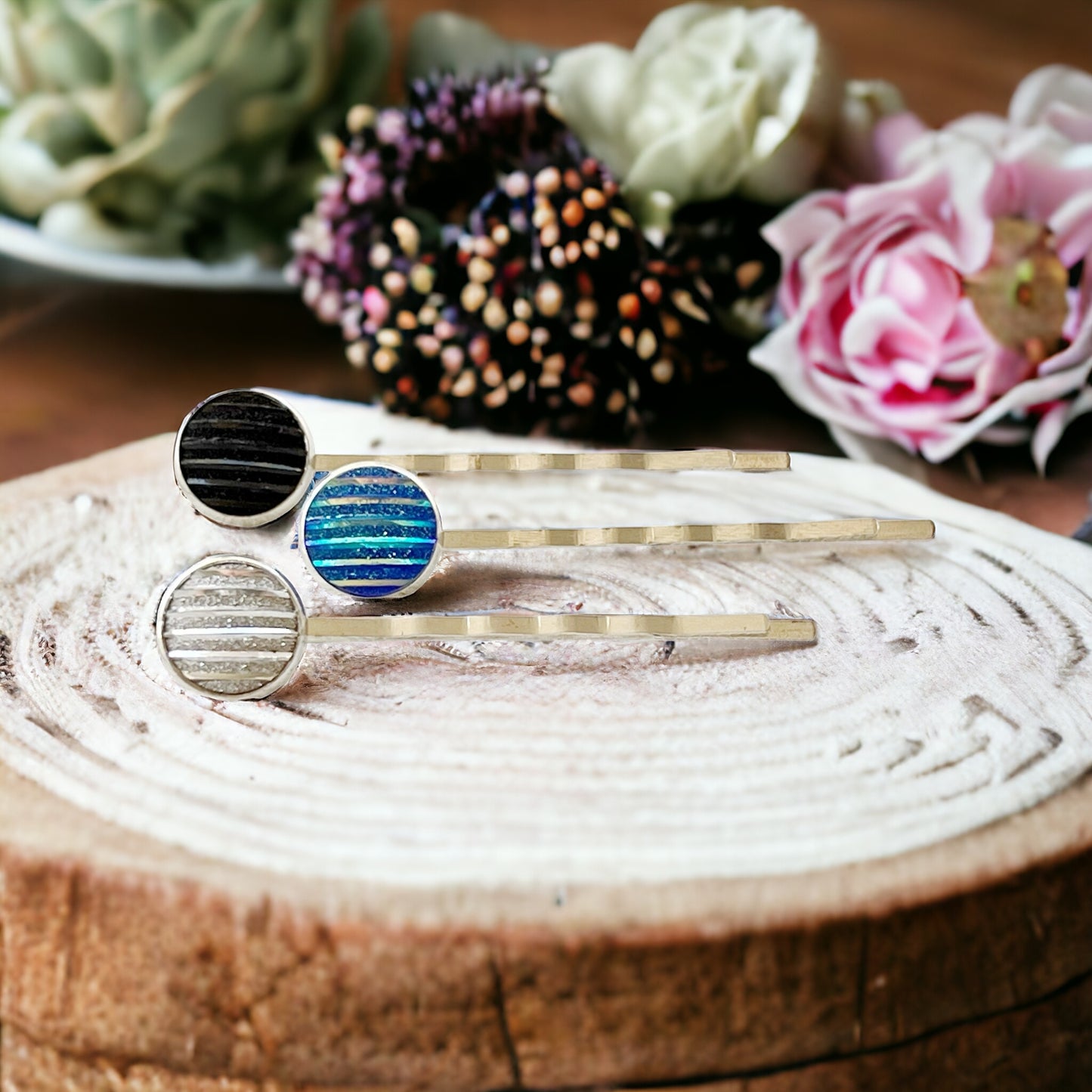 Blue, Black, & Silver Metallic Striped Hair Pins - Set of 3 Stylish Silver Hair Accessories