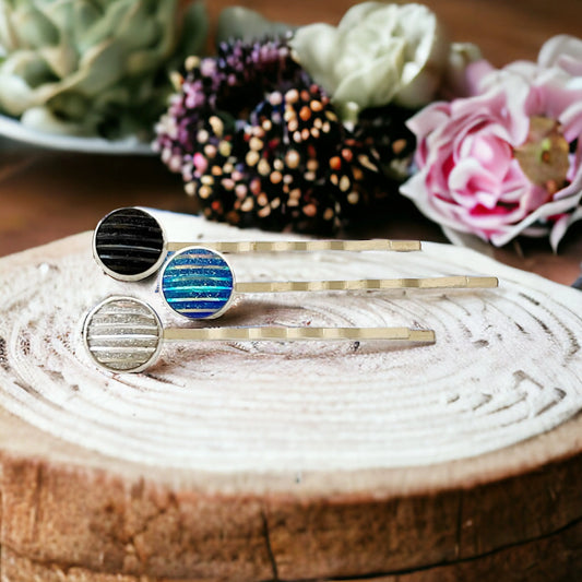 Blue, Black, & Silver Metallic Striped Hair Pins - Set of 3 Stylish Silver Hair Accessories