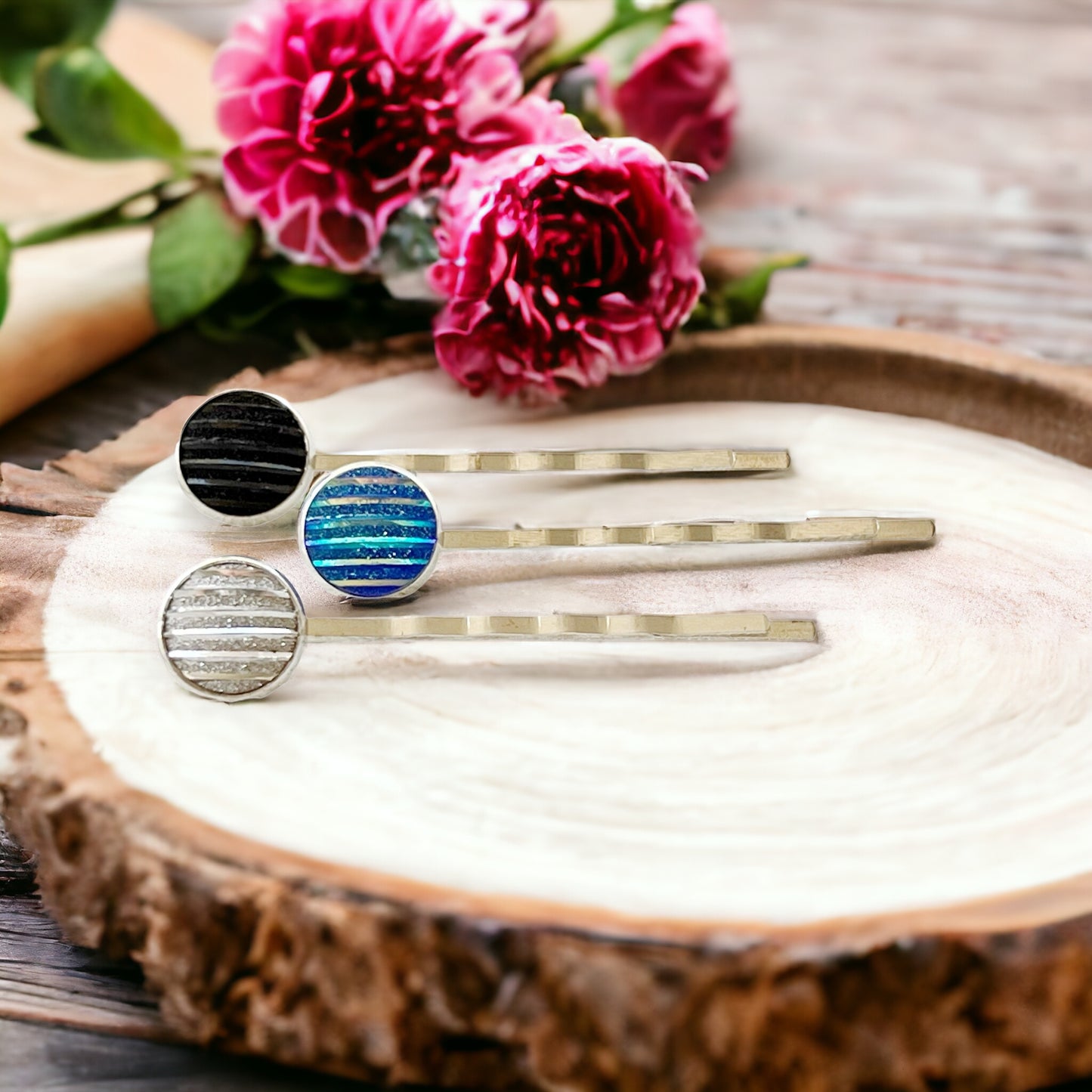 Blue, Black, & Silver Metallic Striped Hair Pins - Set of 3 Stylish Silver Hair Accessories