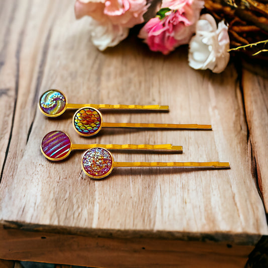 Set of 4 Gold Hair Pins: Textured Variety in Red Tones for Elegant Hairstyles
