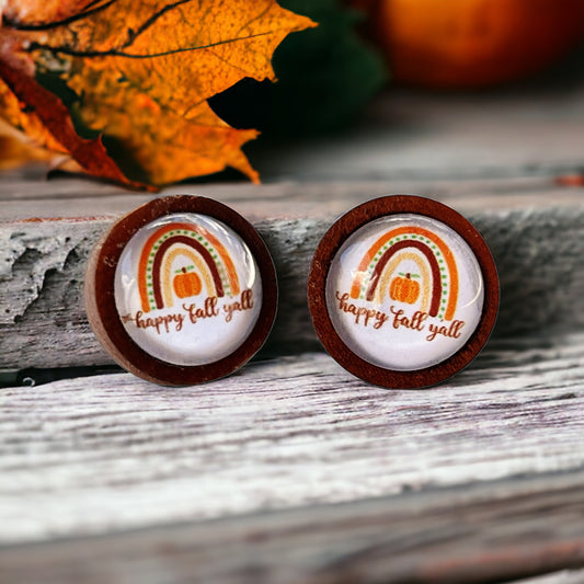 Boho Rainbow Happy Fall Y’all Wood Stud Earrings - Colorful & Festive Autumn Accessories
