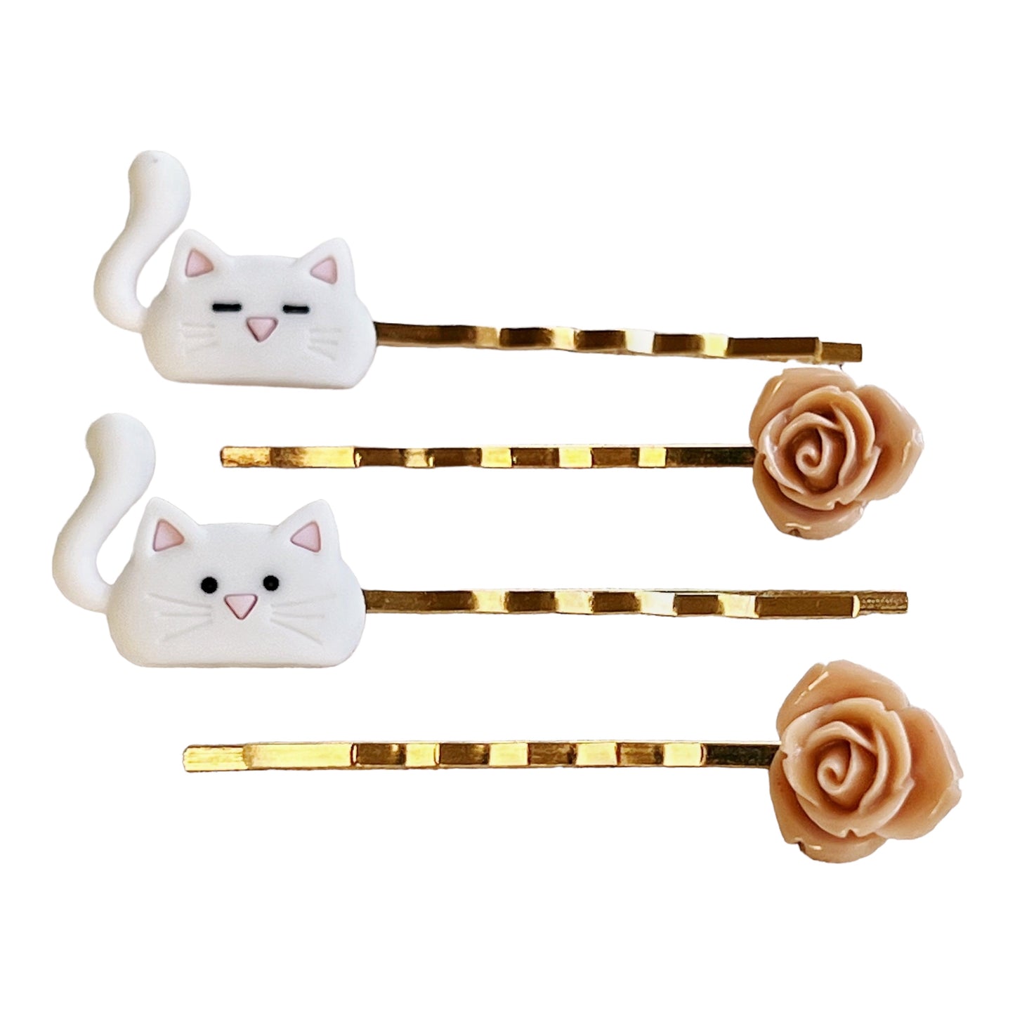 White Cat & Tan Flower Hair Pins: Cute Feline-Inspired Accessories