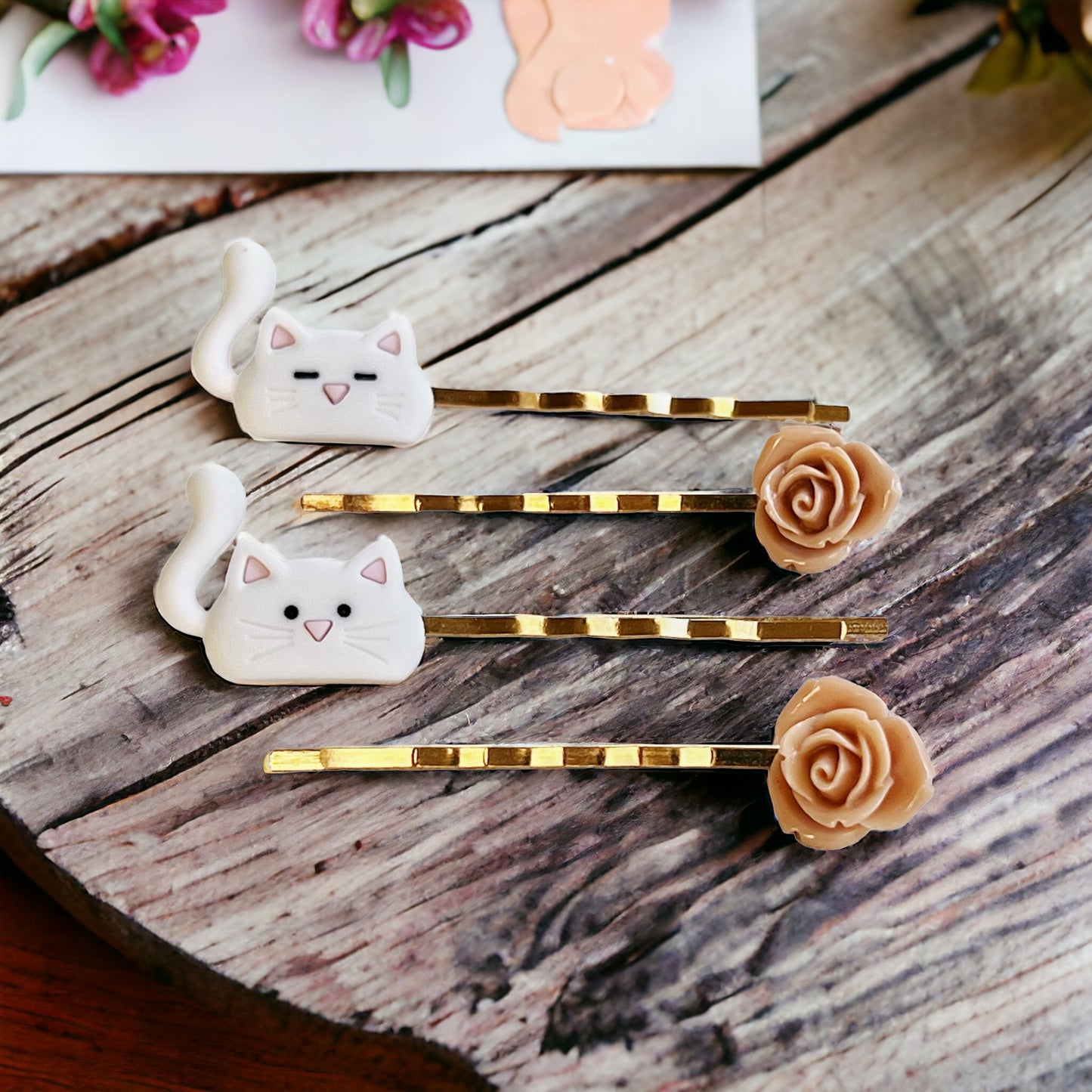 White Cat & Tan Flower Hair Pins: Cute Feline-Inspired Accessories