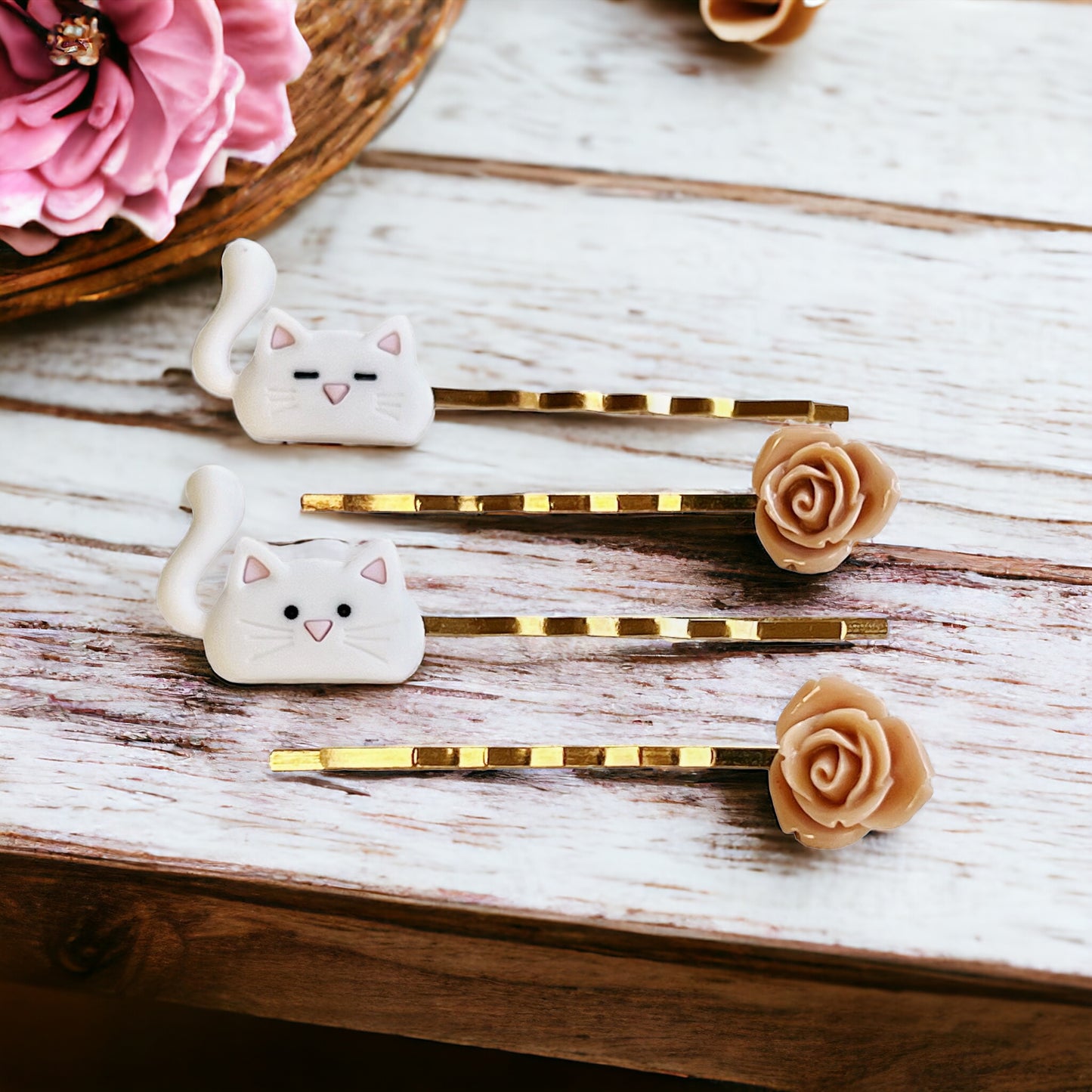 White Cat & Tan Flower Hair Pins: Cute Feline-Inspired Accessories