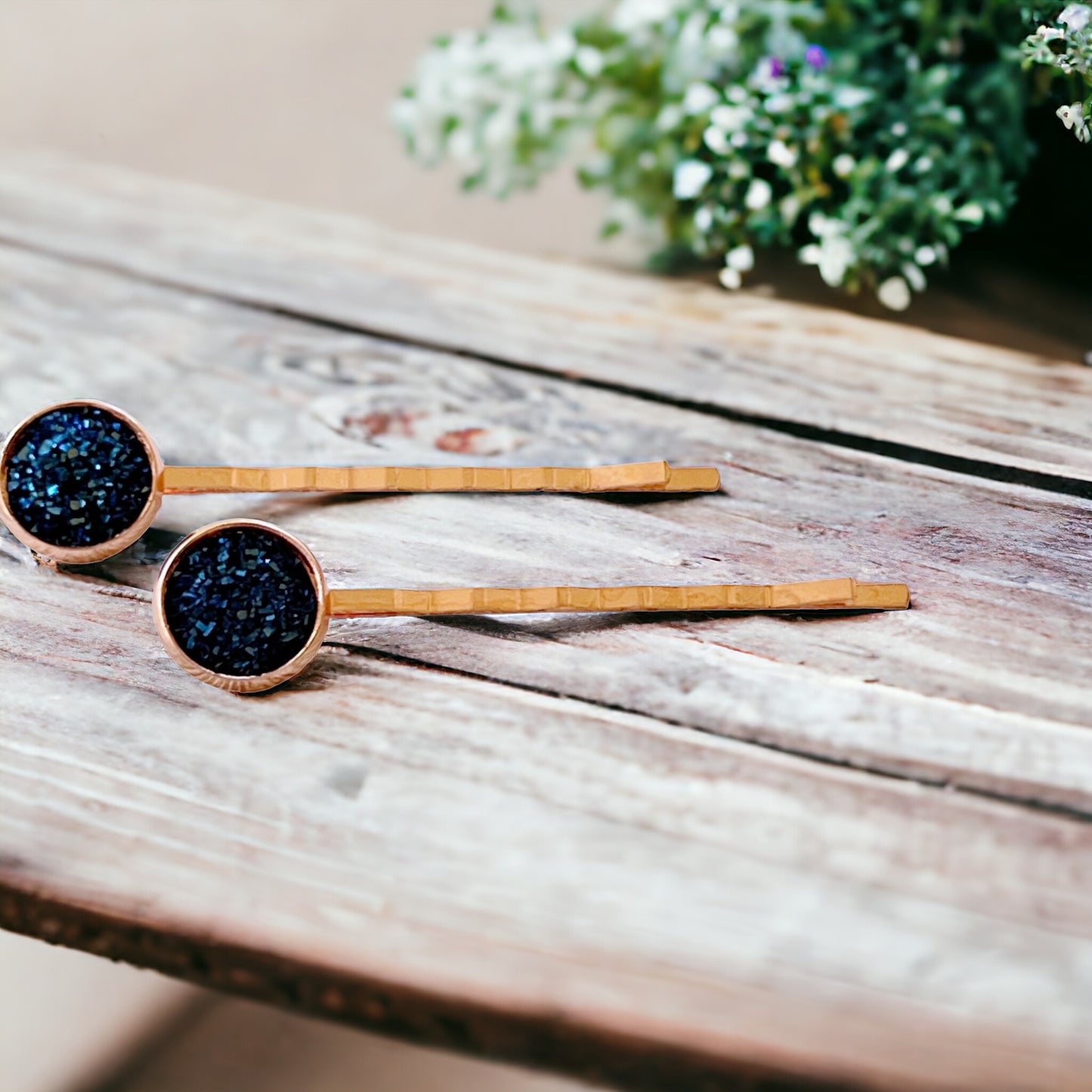 Cobalt Blue Druzy Rose Gold Hair Pins: Elegant & Vibrant Accessories
