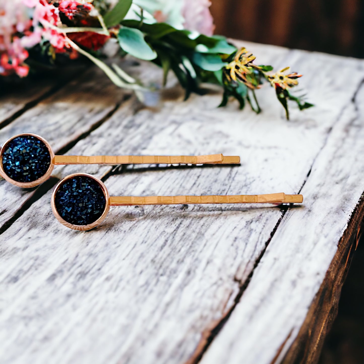 Cobalt Blue Druzy Rose Gold Hair Pins: Elegant & Vibrant Accessories