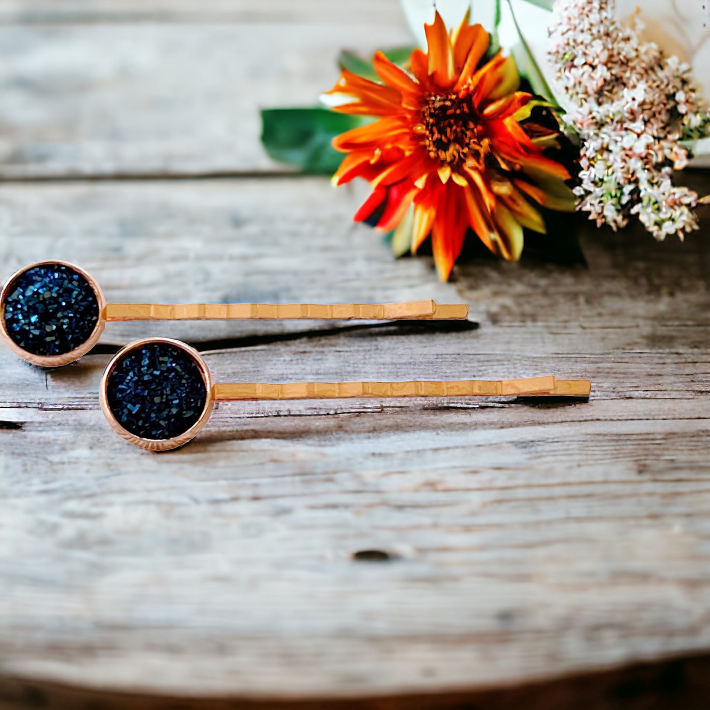 Cobalt Blue Druzy Rose Gold Hair Pins: Elegant & Vibrant Accessories