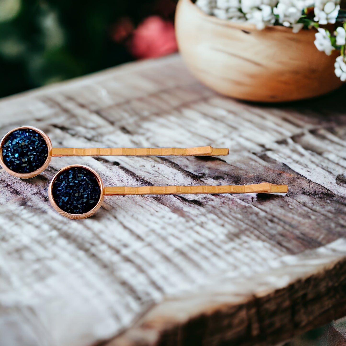Cobalt Blue Druzy Rose Gold Hair Pins: Elegant & Vibrant Accessories