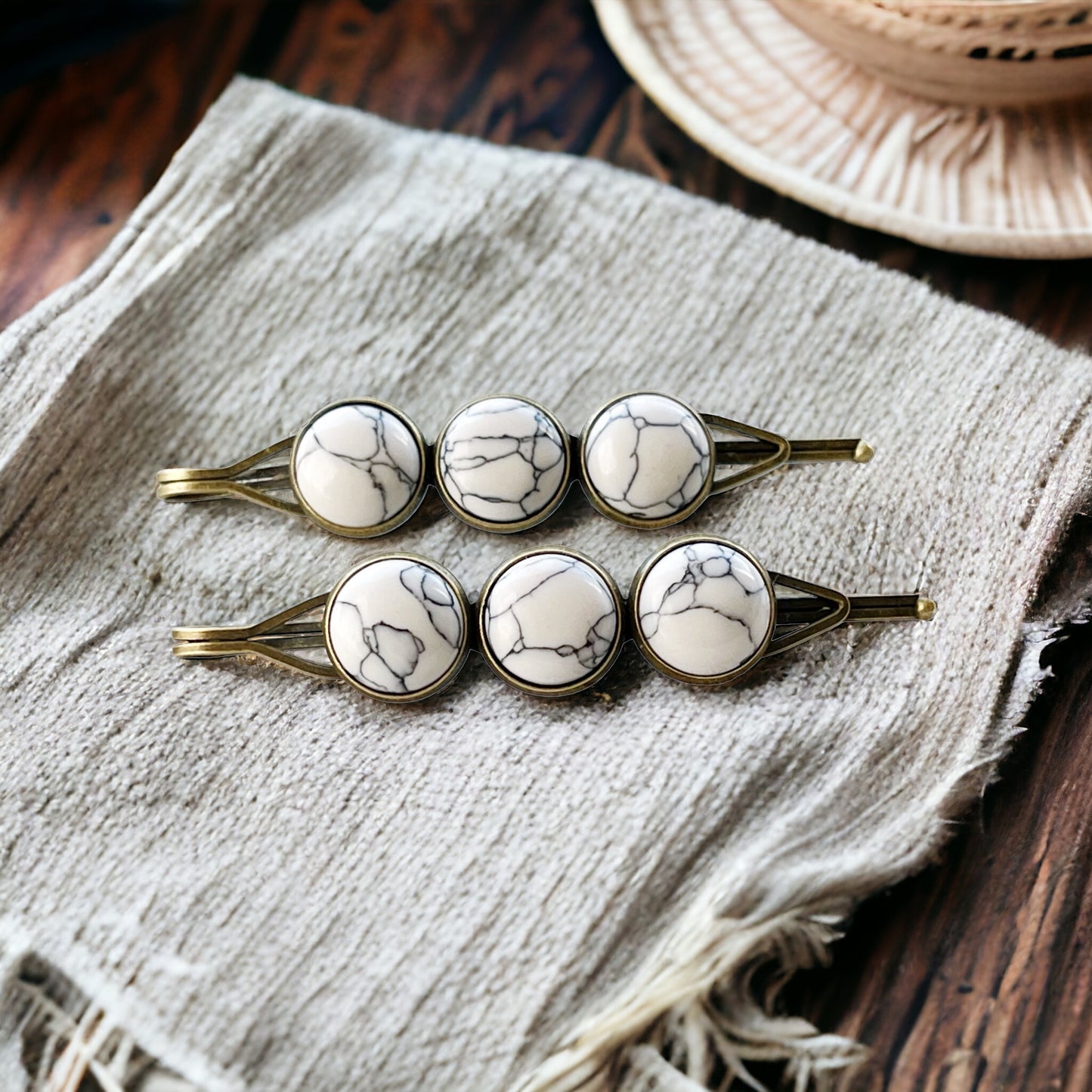 White Marble Hair Pins – Minimal Boho Stone Hair Clips in Bronze Tone