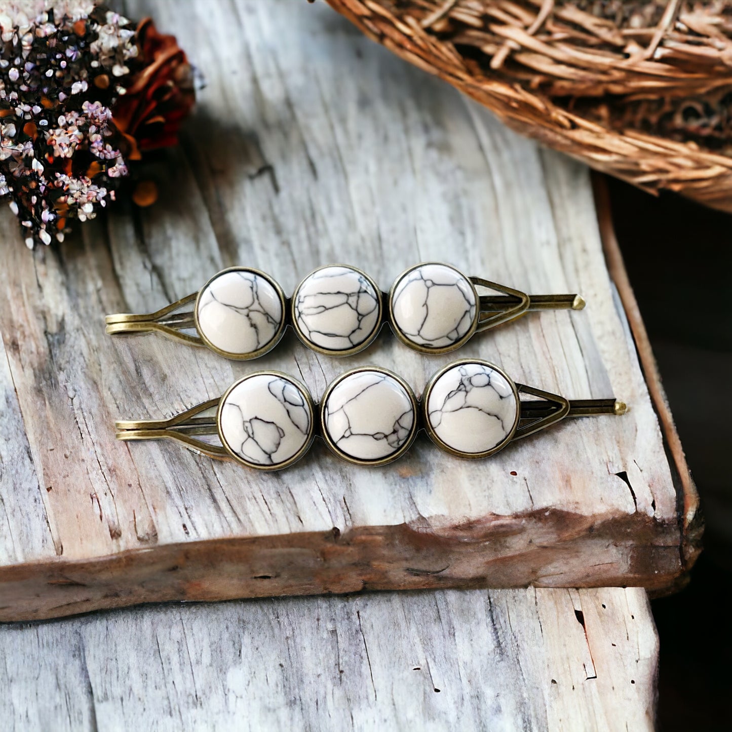 White Marble Hair Pins – Minimal Boho Stone Hair Clips in Bronze Tone