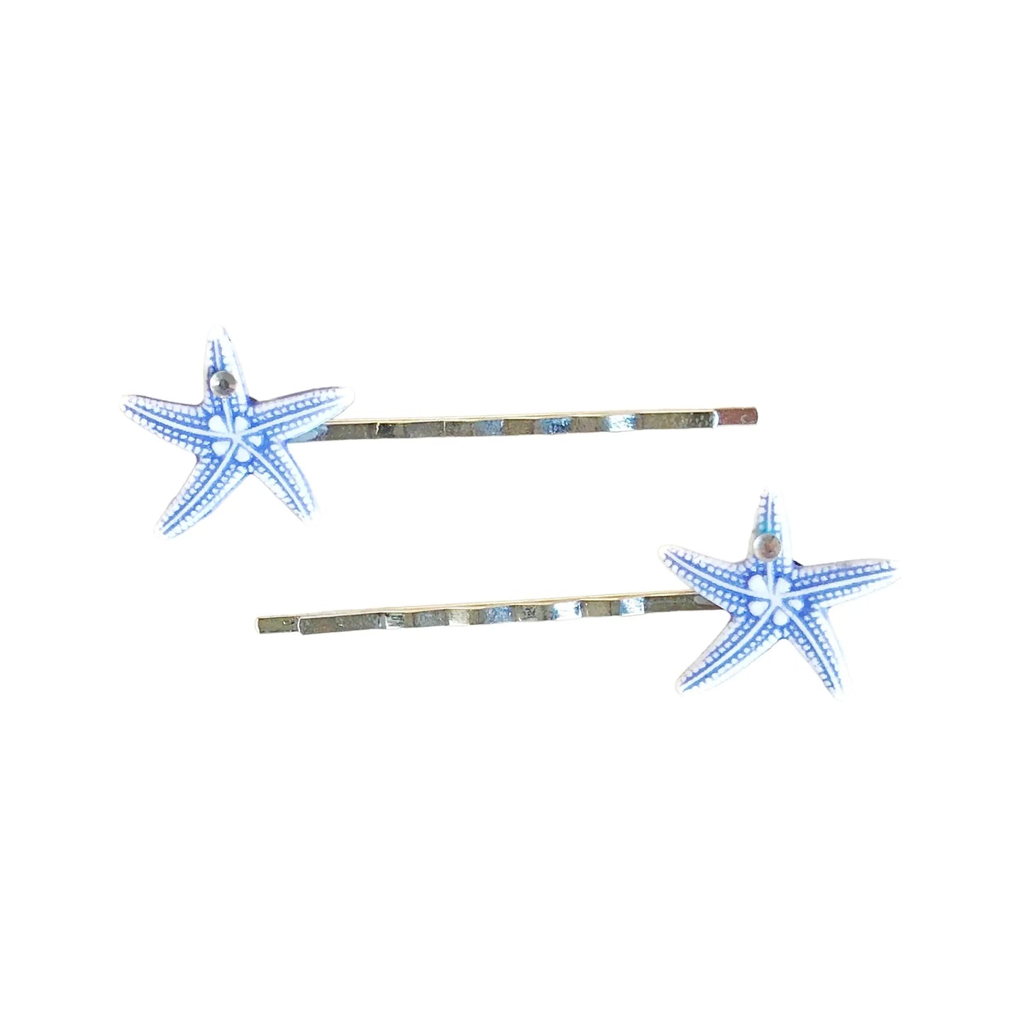 Blue Starfish Hair Pins with Rhinestones - Coastal-Inspired Hair Accessories