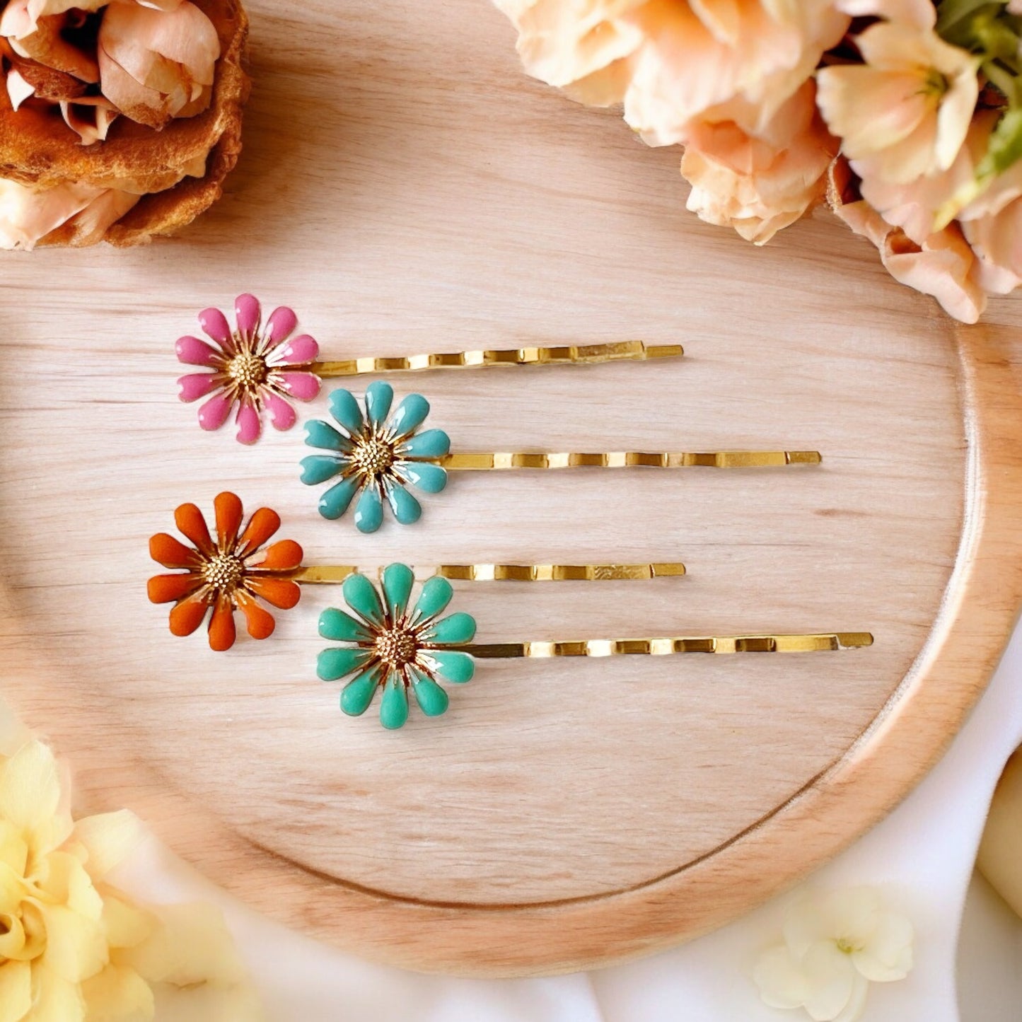 Colorful Daisy Hair Pins – Gold Bobby Pin Set with Enamel Flower Accents