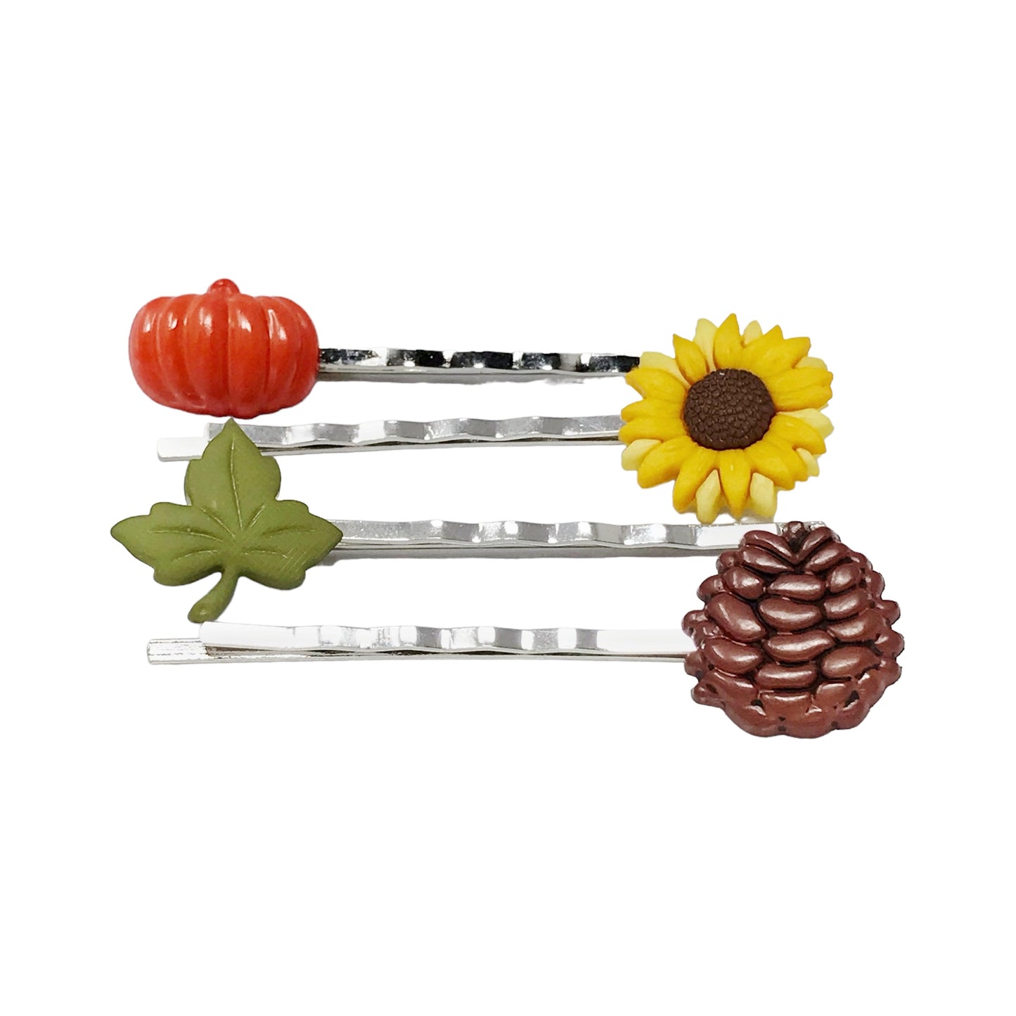 Autumn Harvest Hair Pin Set – Silver Bobby Pins with Pumpkin, Sunflower & Pinecone