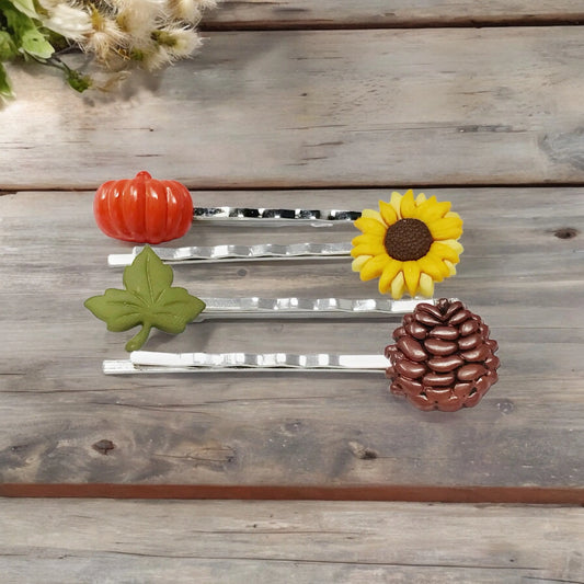 Autumn Harvest Hair Pin Set – Silver Bobby Pins with Pumpkin, Sunflower & Pinecone