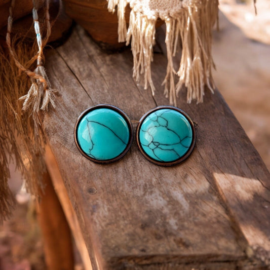 Turquoise Stone Stud Earrings – Copper Round Boho Western Jewelry
