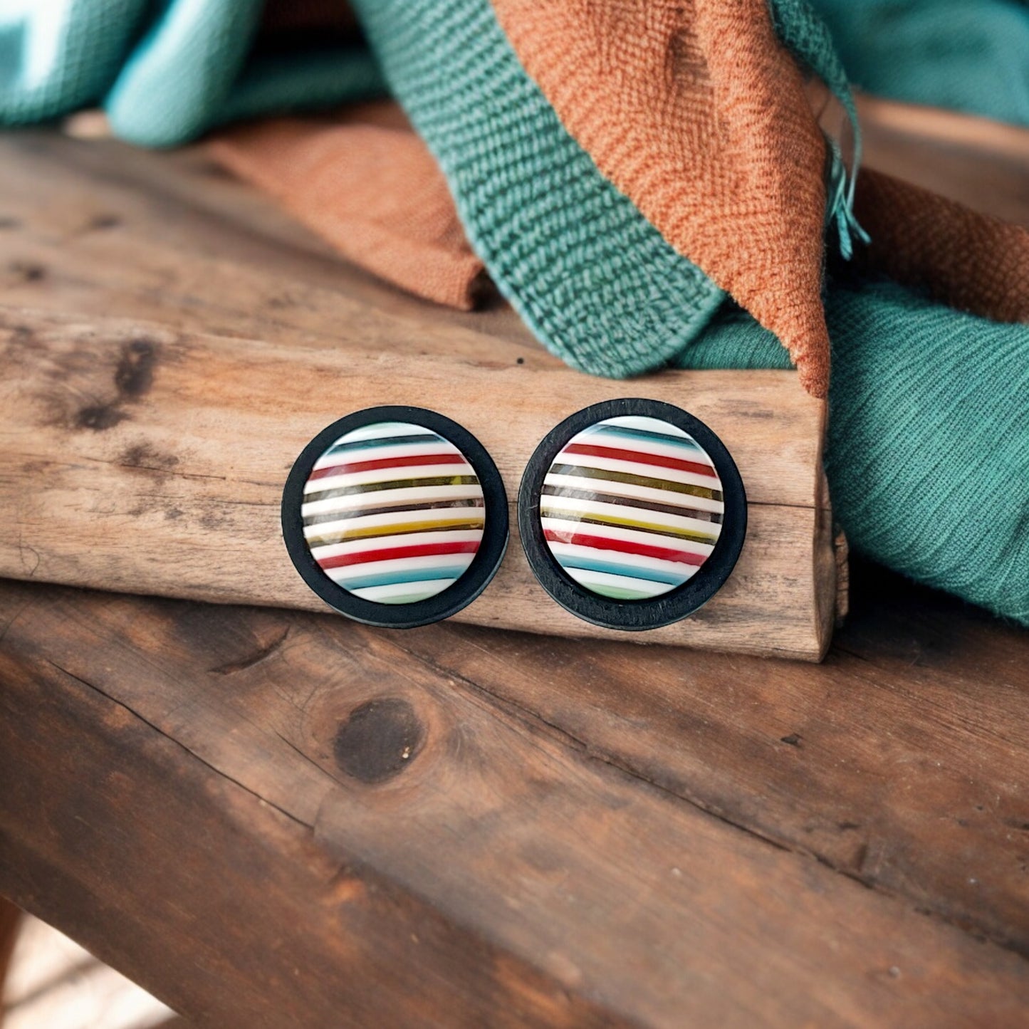 Striped Resin Stud Earrings – Multicolor Round Handmade Boho Jewelry