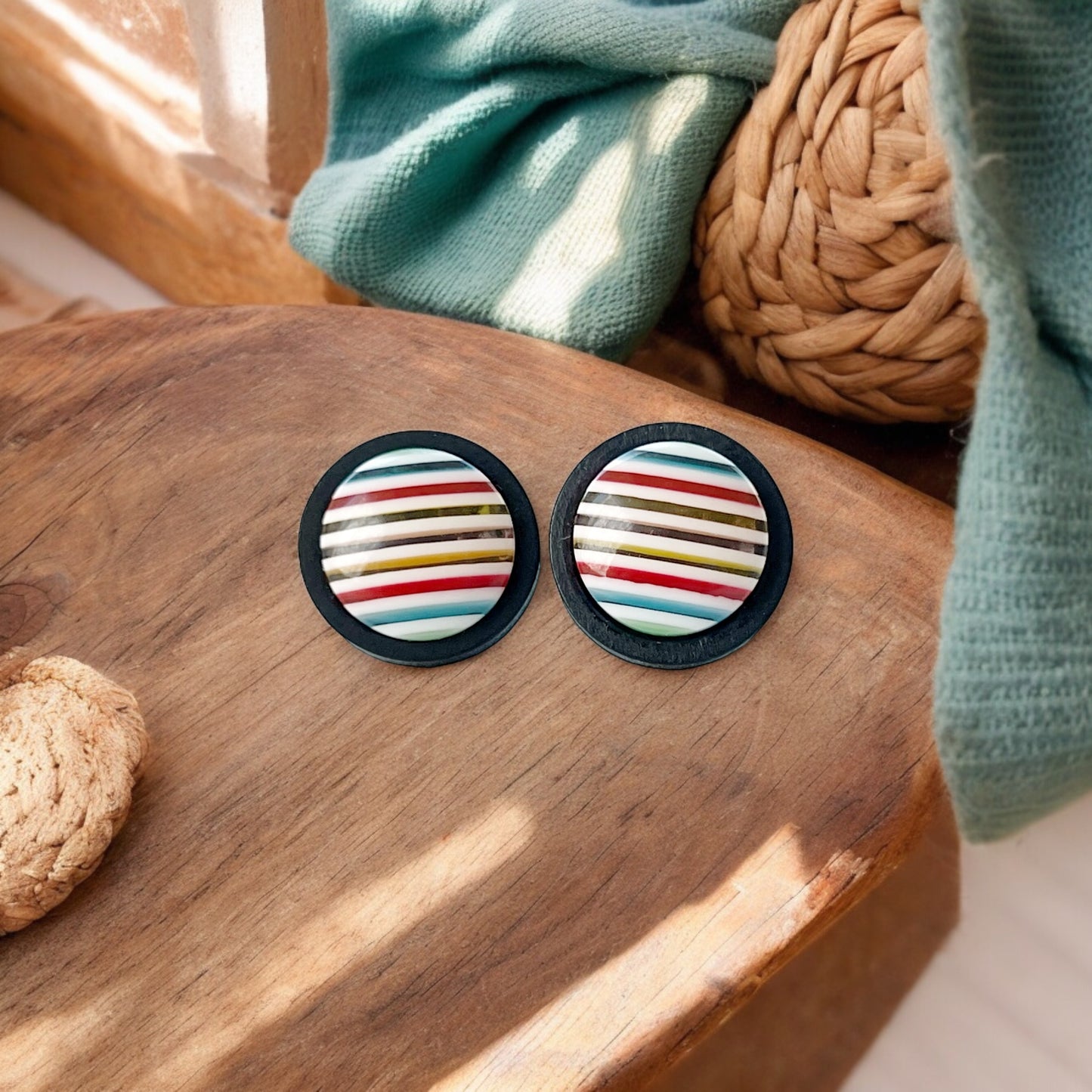 Striped Resin Stud Earrings – Multicolor Round Handmade Boho Jewelry