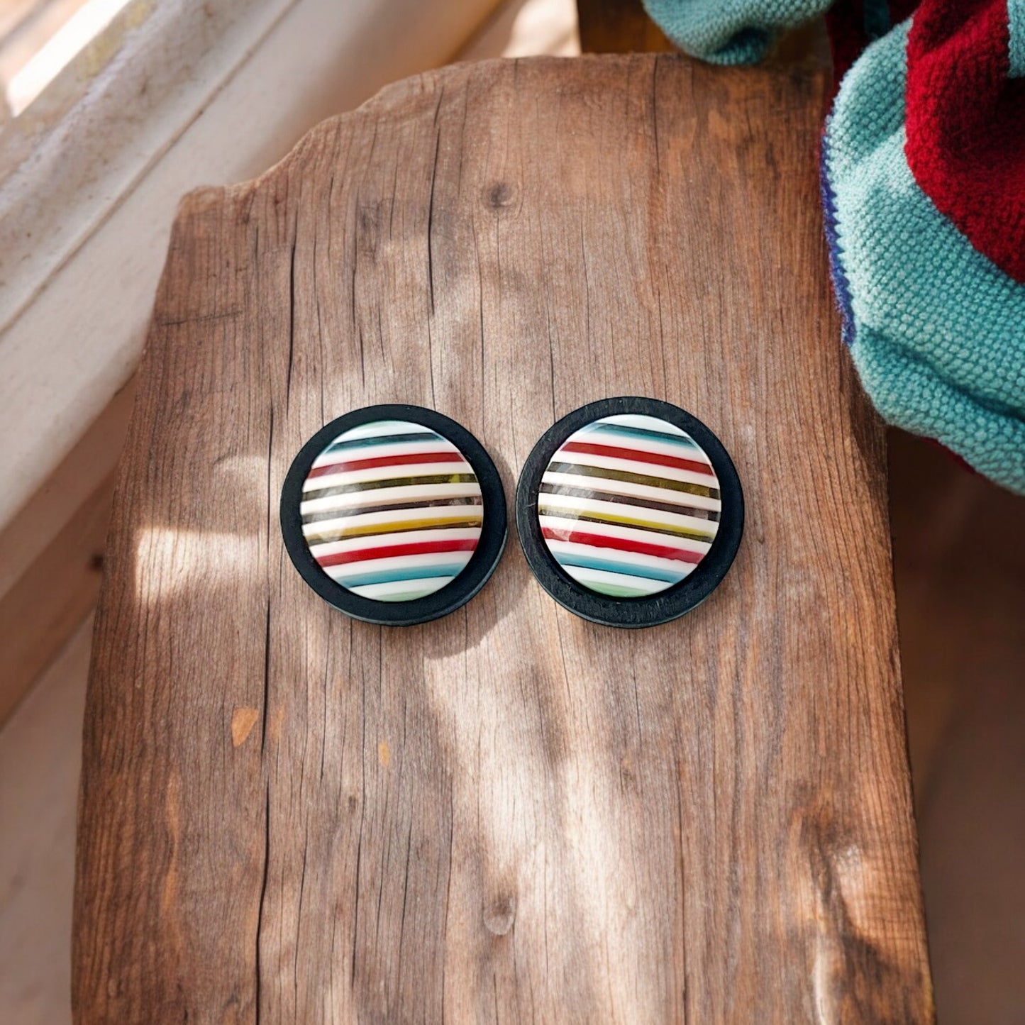 Striped Resin Stud Earrings – Multicolor Round Handmade Boho Jewelry
