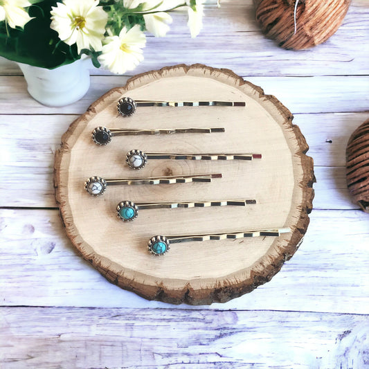 Black, White & Turquoise Stone Hair Pins - Set of 6 Western Cowgirl Bobby Pins, Women's Southwestern Boho Hair Accessories