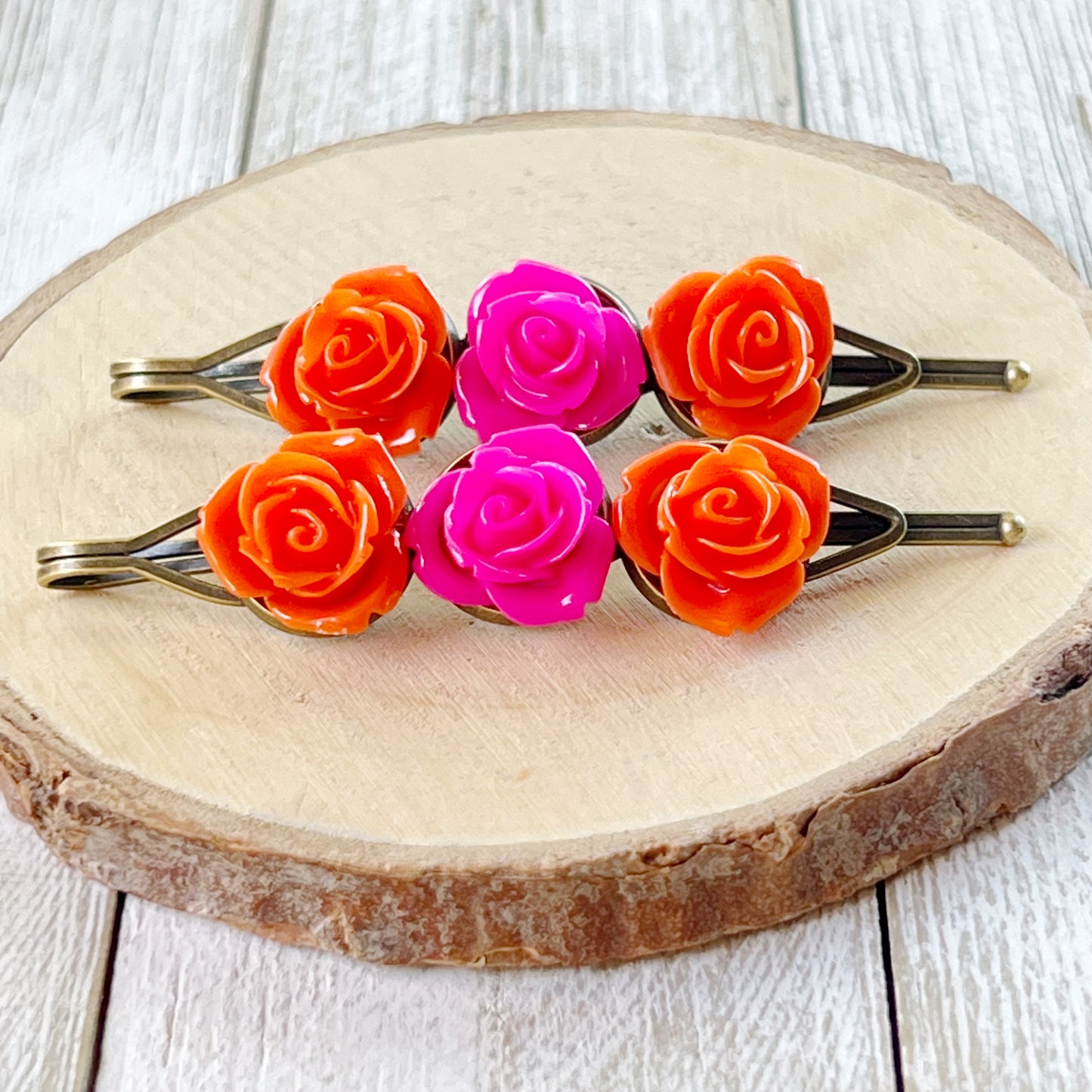 Orange & Pink Rose Flower Hair Pin Set: Vibrant Floral Accents