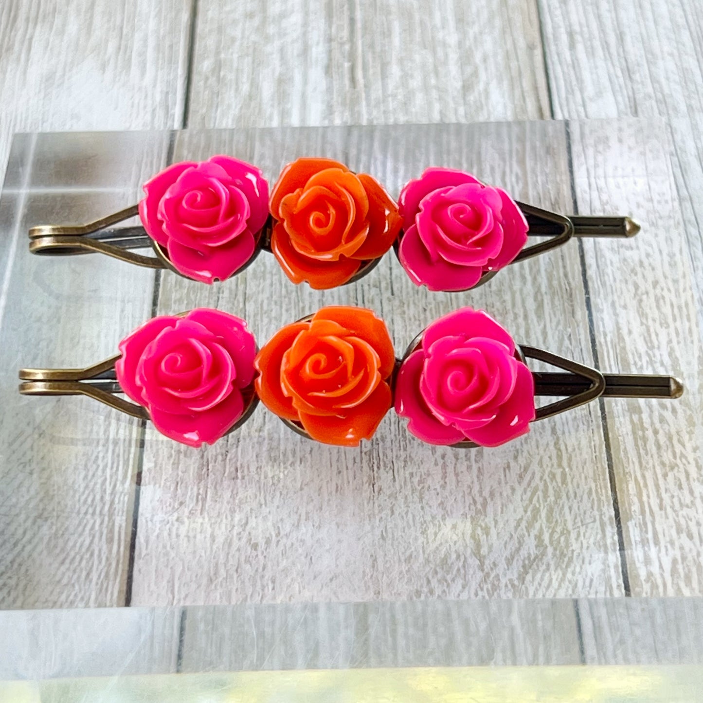 Hot Pink & Orange Rose Hair Pins – Bold Summer Flower Hair Clip Set