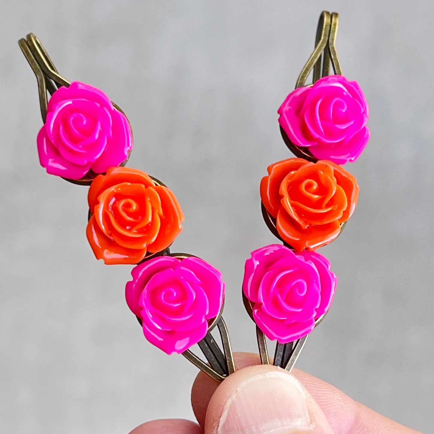 Hot Pink & Orange Rose Hair Pins – Bold Summer Flower Hair Clip Set