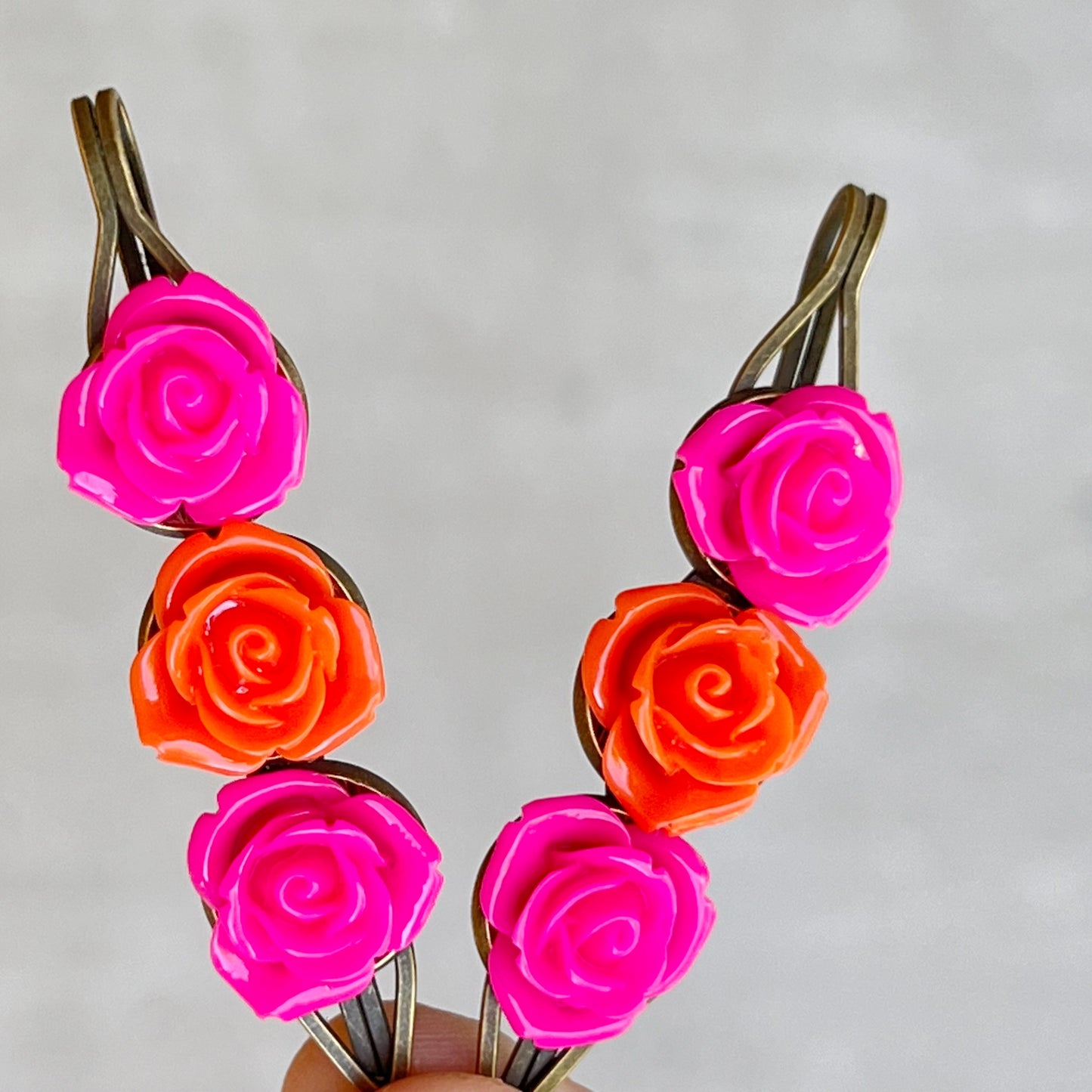 Hot Pink & Orange Rose Hair Pins – Bold Summer Flower Hair Clip Set