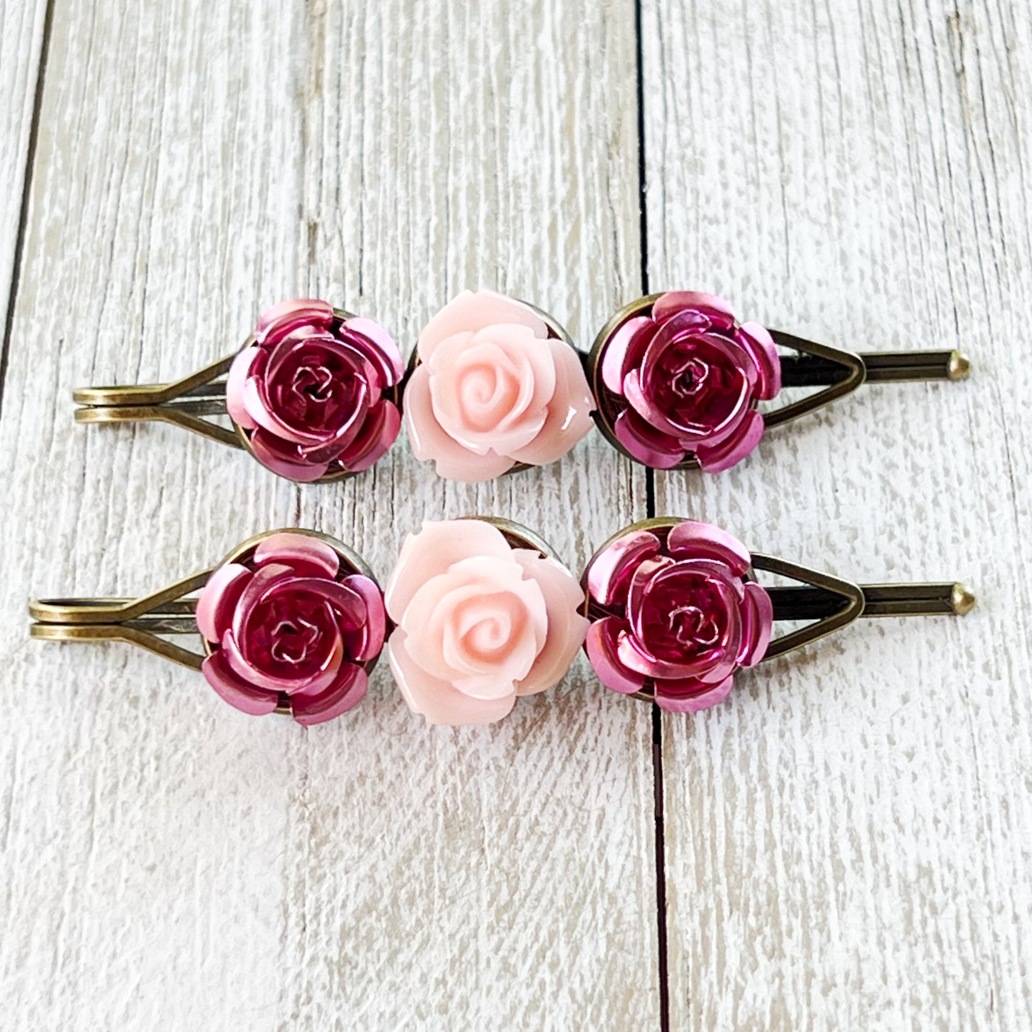 Blush & Rose Metallic Hair Pins – Pink Flower Hair Clip Set with Vintage Charm