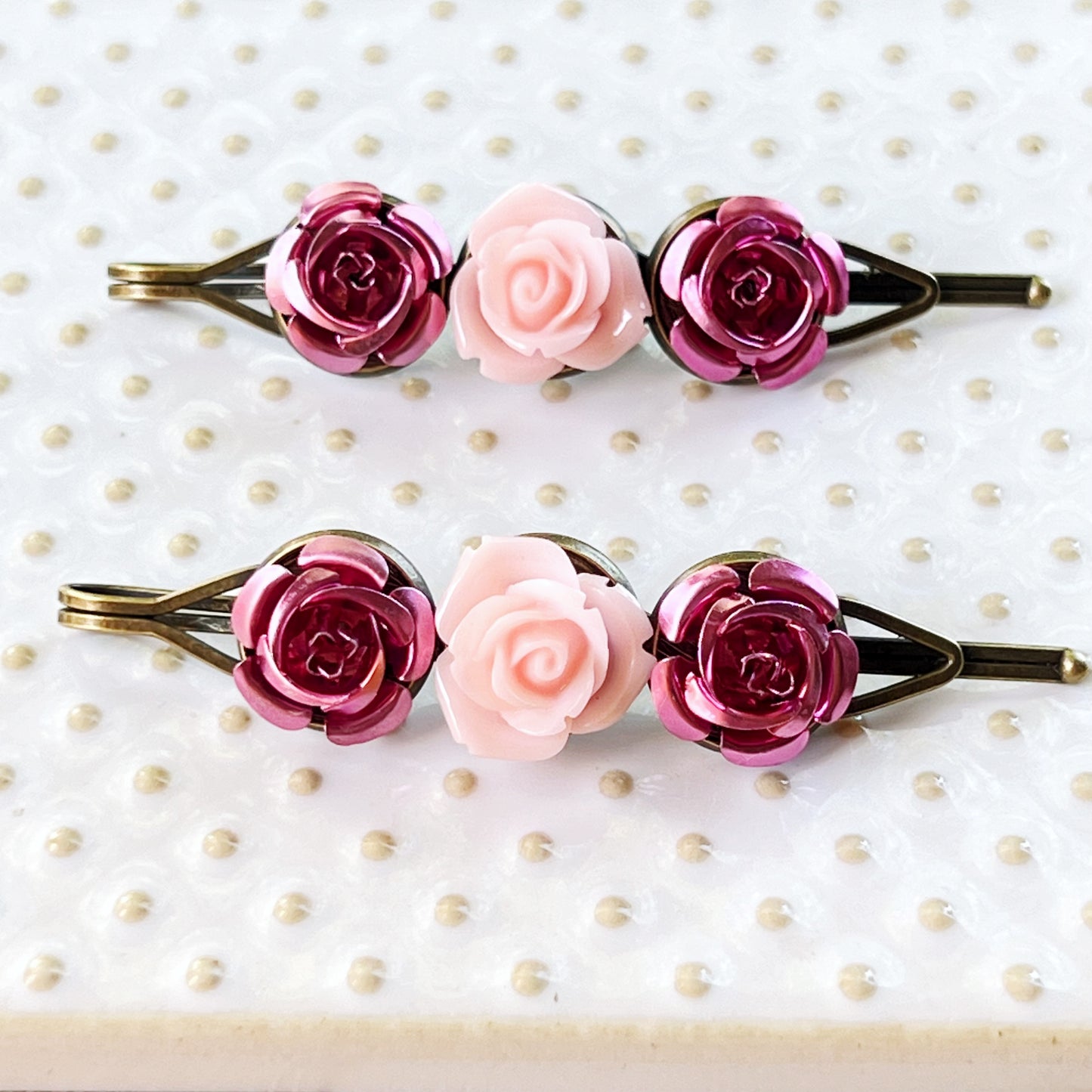 Blush & Rose Metallic Hair Pins – Pink Flower Hair Clip Set with Vintage Charm