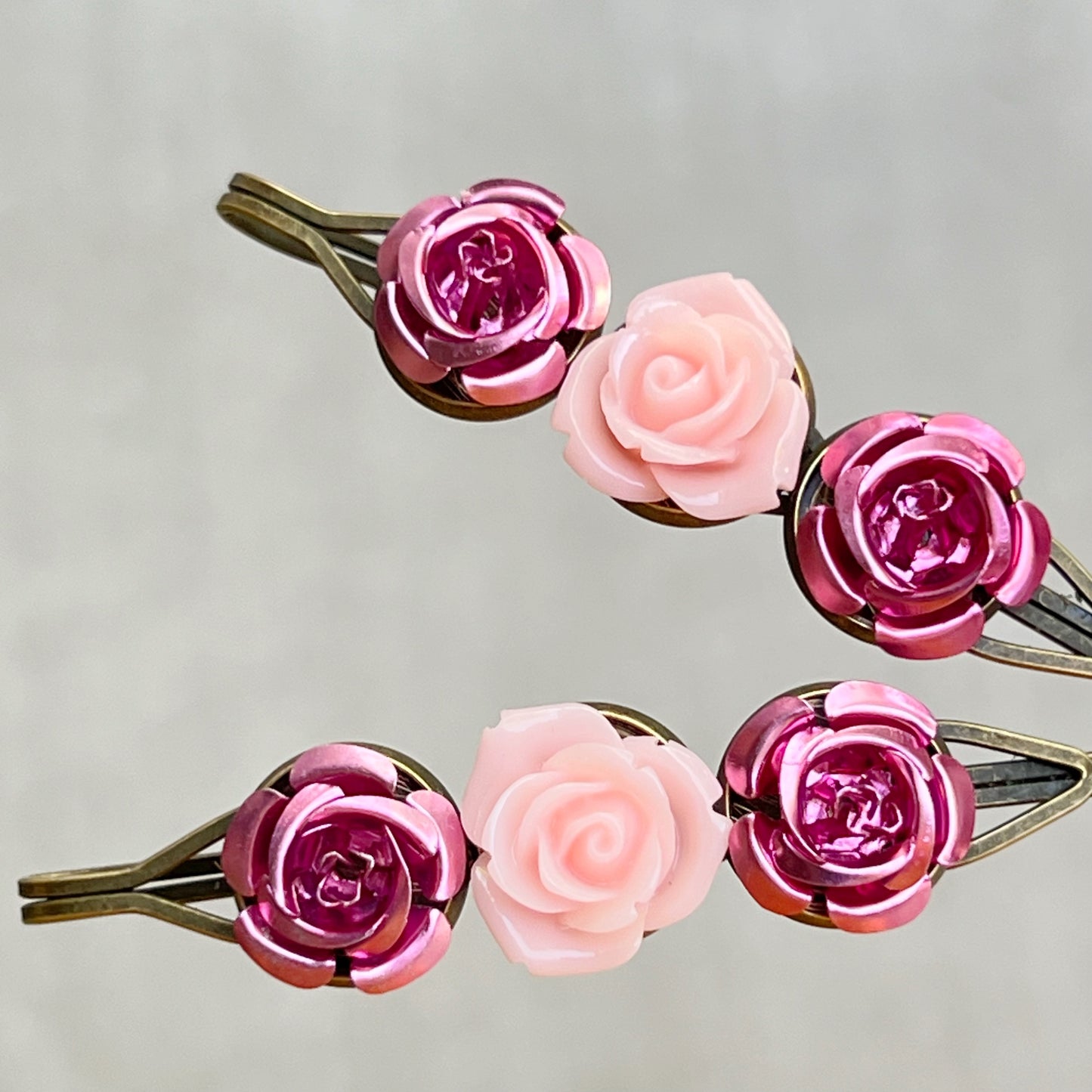 Blush & Rose Metallic Hair Pins – Pink Flower Hair Clip Set with Vintage Charm