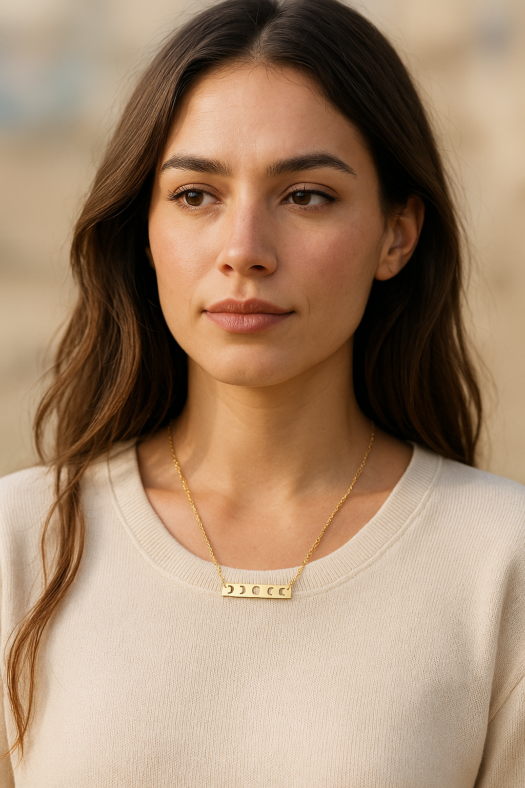 Celestial Moon Phase Gold toned necklace on a female model