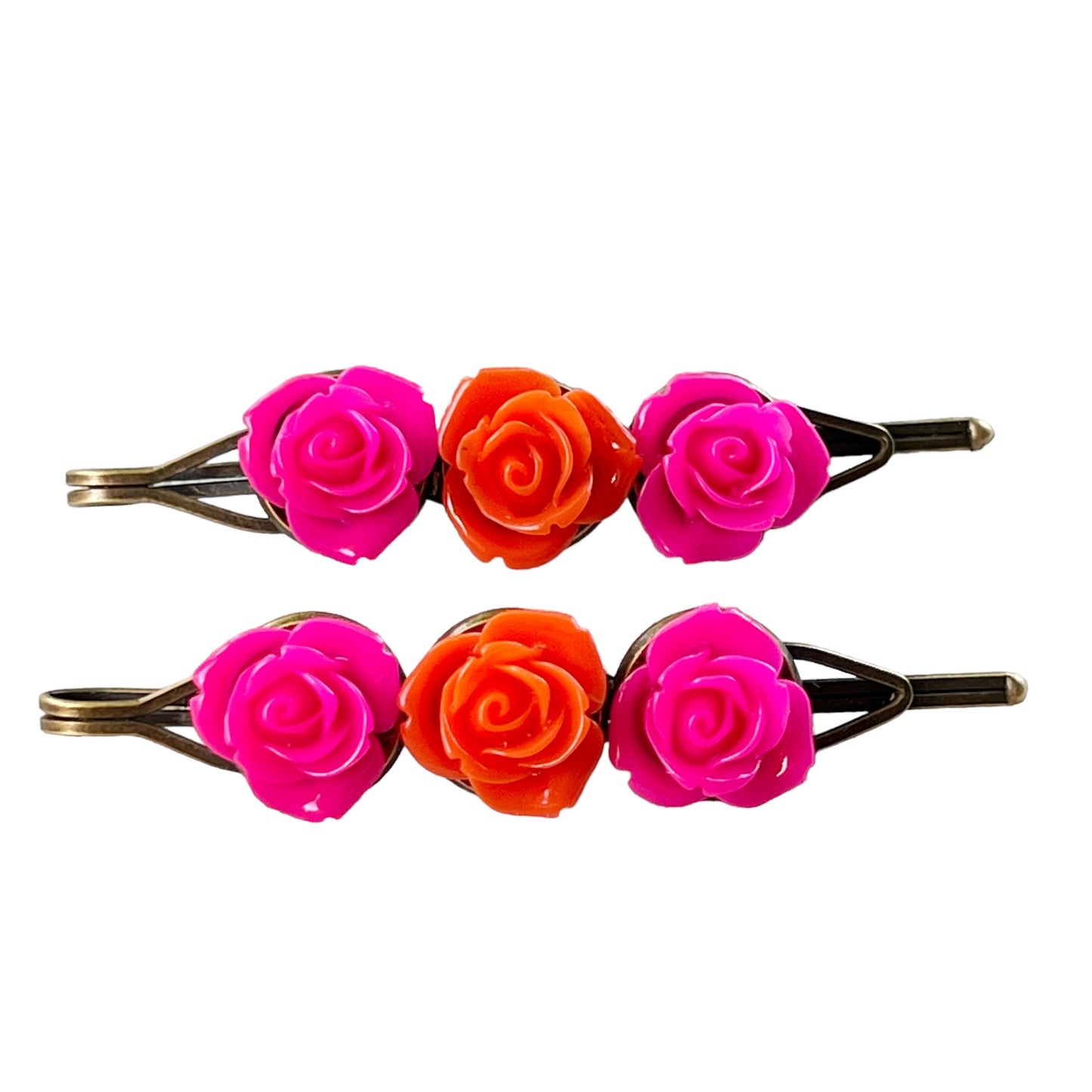 Hot Pink & Orange Rose Hair Pins – Bold Summer Flower Hair Clip Set