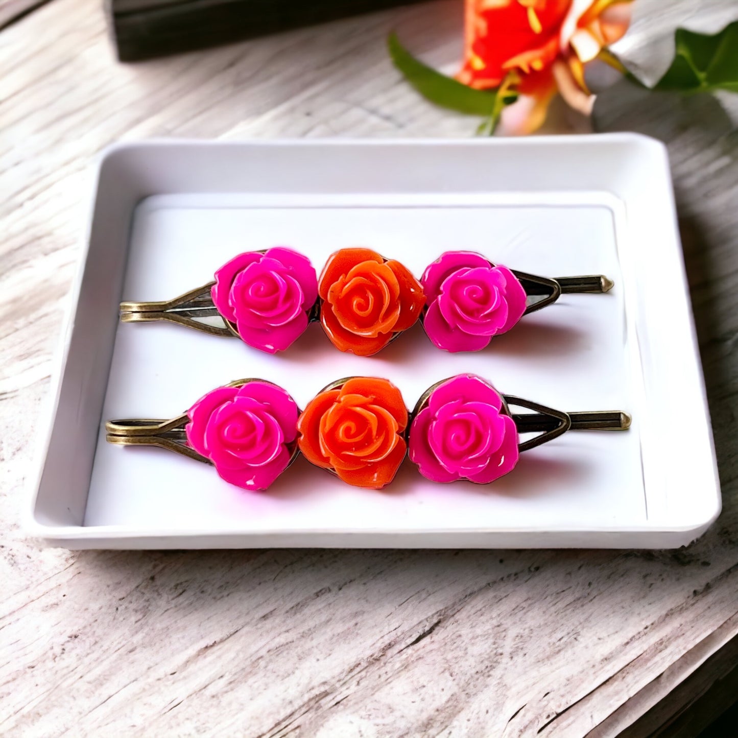 Hot Pink & Orange Rose Hair Pins – Bold Summer Flower Hair Clip Set