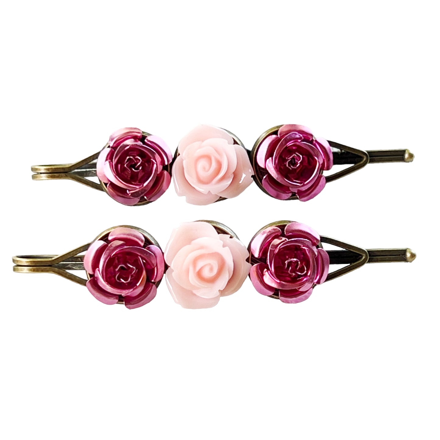 Blush & Rose Metallic Hair Pins – Pink Flower Hair Clip Set with Vintage Charm