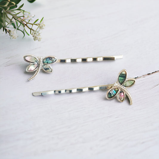 Abalone dragonfly hair pin set on white wood background – handmade boho clips