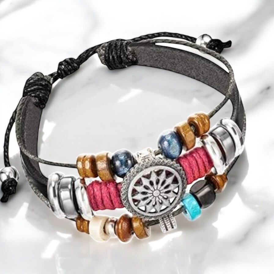 Black boho bracelet showing adjustable slip-knot closure and woven strands