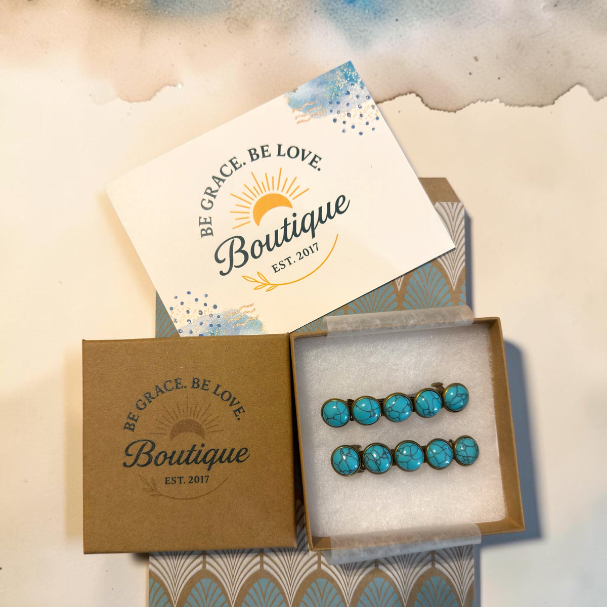Be Grace Be Love Boutique gift-ready packaging for the set of two turquoise western hair barrettes.