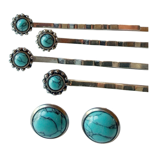 Actual contents of matching western set: four turquoise silver-tone pins and one pair of 10 mm matching stud earrings on white