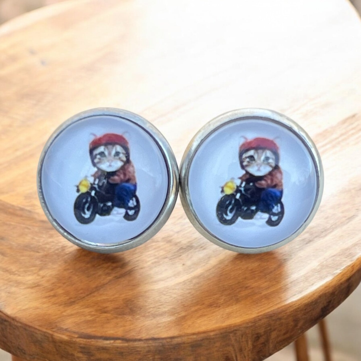 Quirky biker cat stud earrings with sunglasses and leather jacket