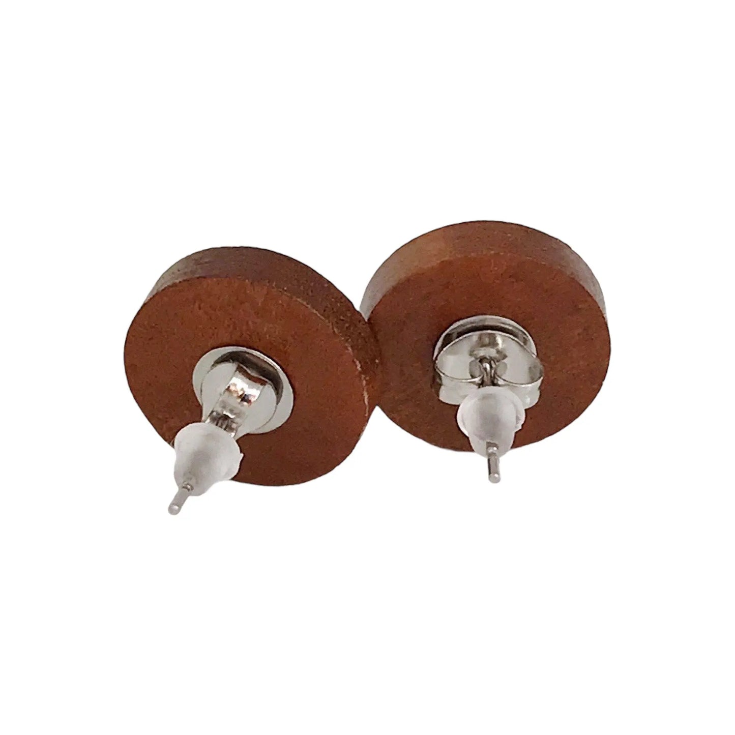 Back of round black druzy wood stud earrings on a white background