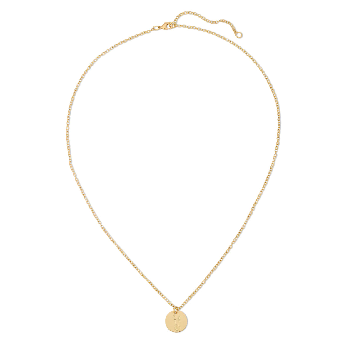 Gold botanical lavender necklace with etched floral pendant on adjustable chain