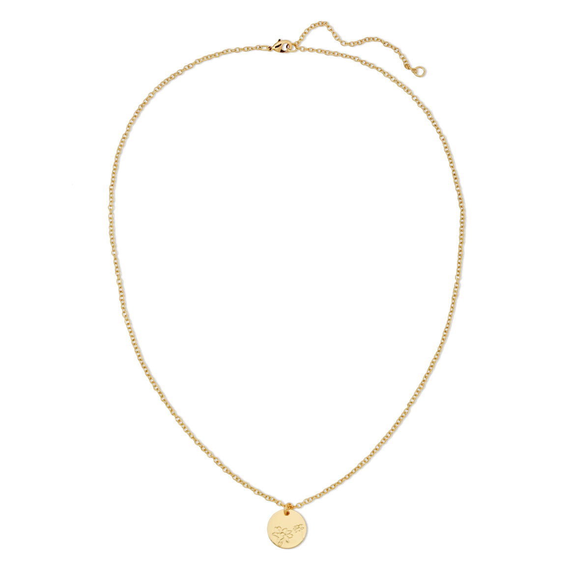Gold botanical lily necklace with etched floral charm