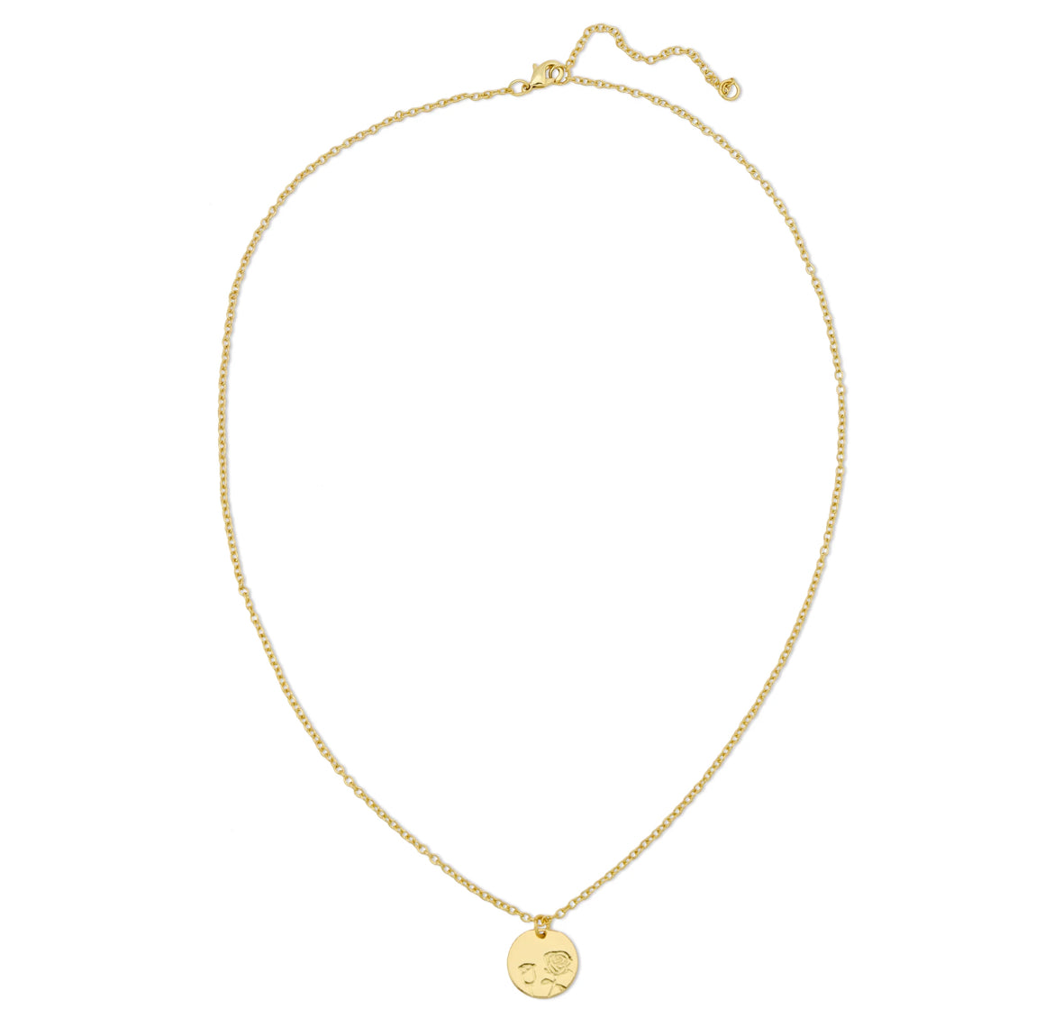 Gold botanical rose necklace with etched floral pendant on adjustable chain