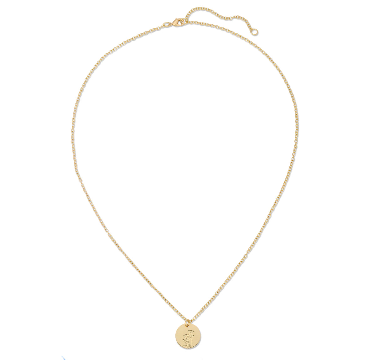 Gold botanical tulip necklace with etched flower charm