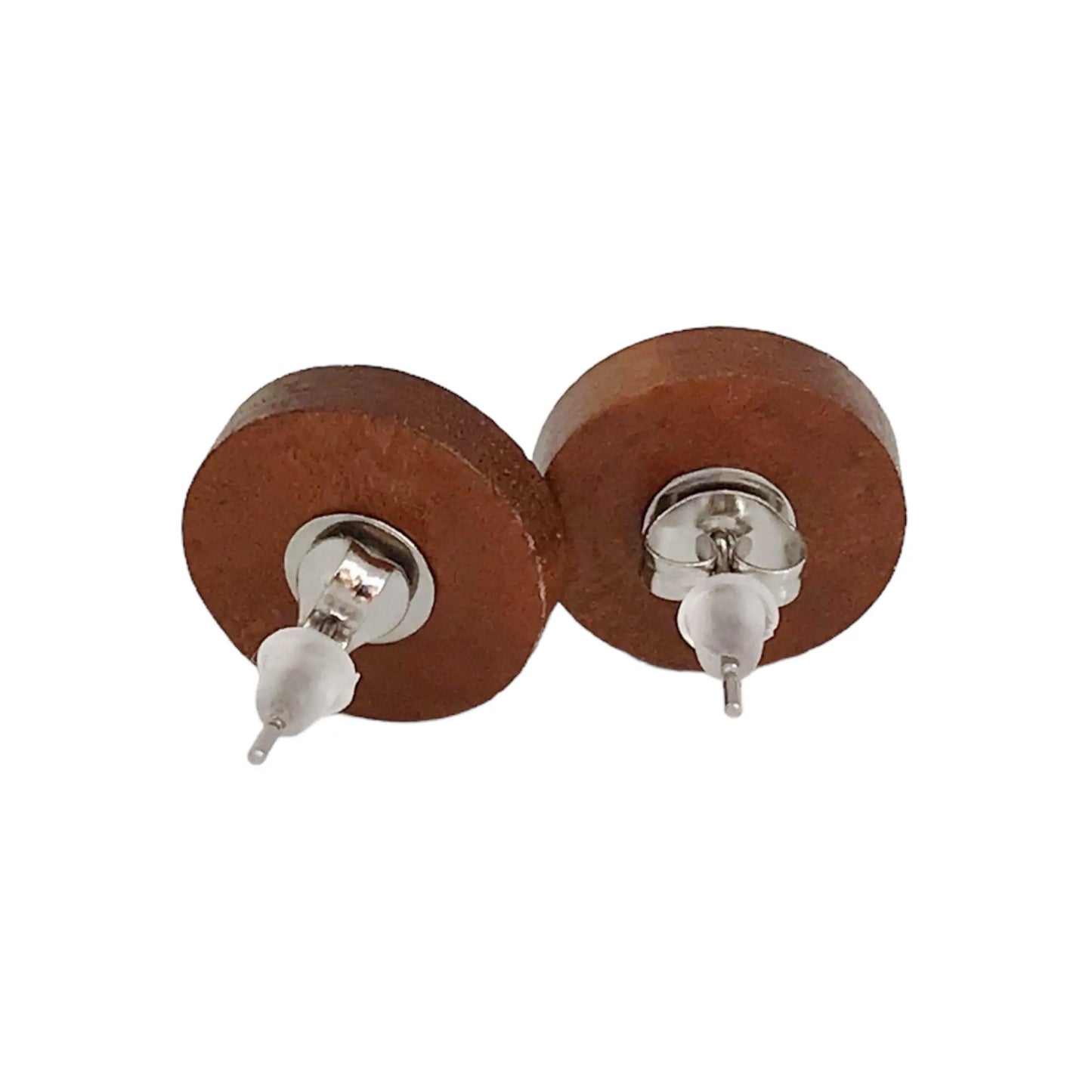 Back of round bright blue glitter druzy wood stud earrings displayed on a white background