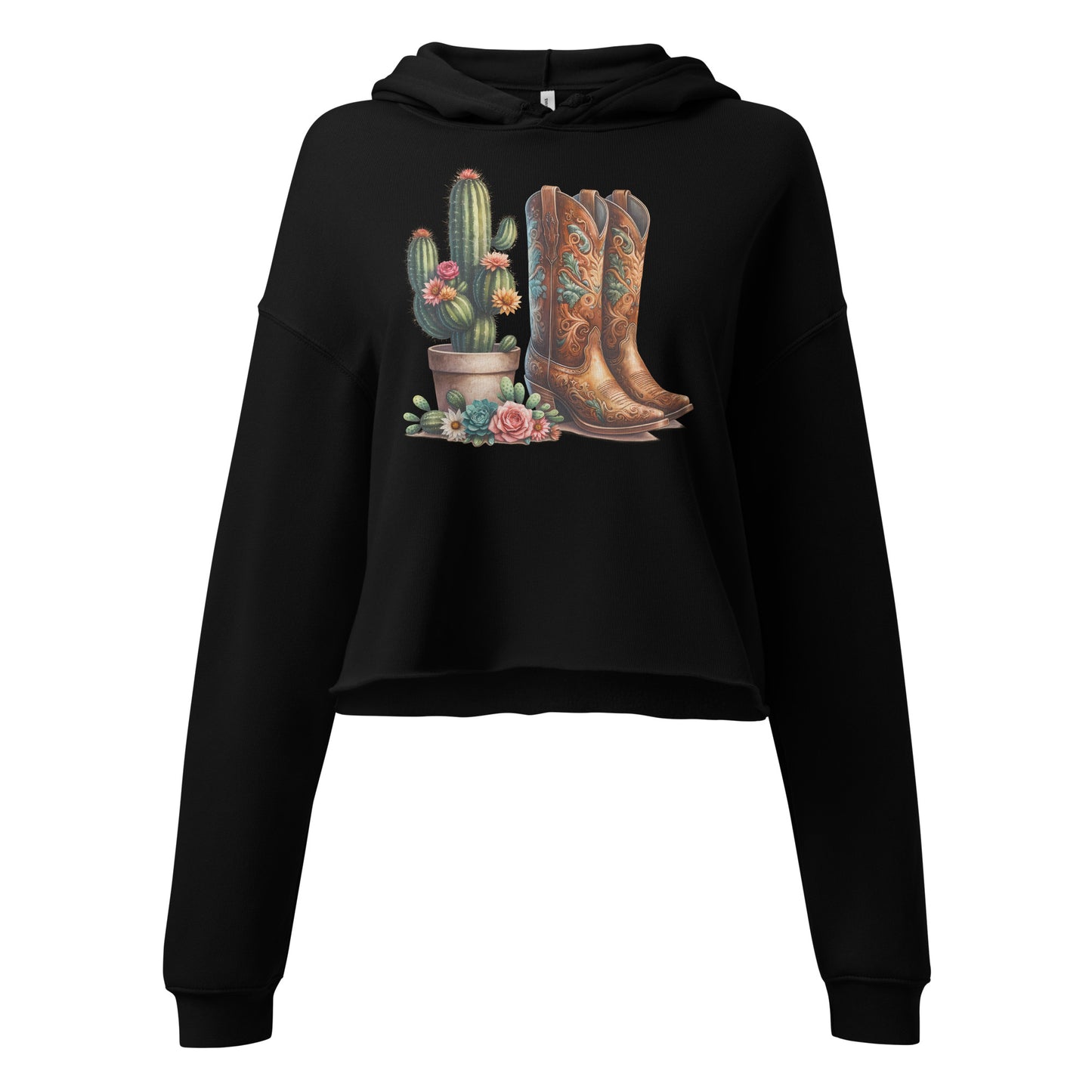 Close-up of black hoodie showing colorful cactus and cowboy boots graphic
