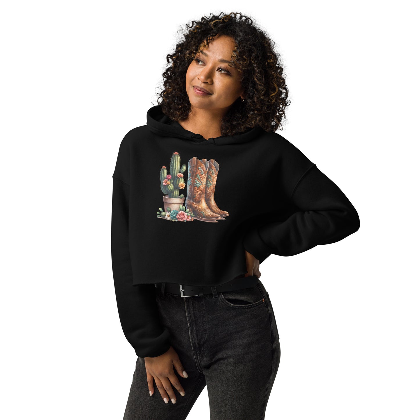 Model wearing black cactus and boots crop hoodie with western design